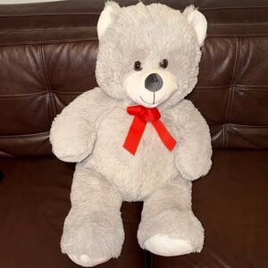 Gray Teddy Bear with Red Bow